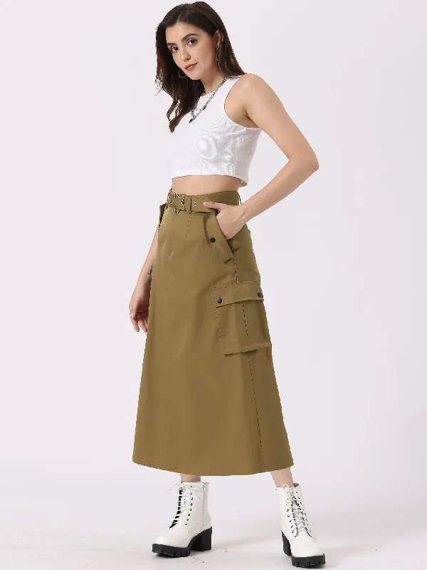 Y2K Zip High Waist Belted Pocketed Maxi Cargo A-Line Skirt