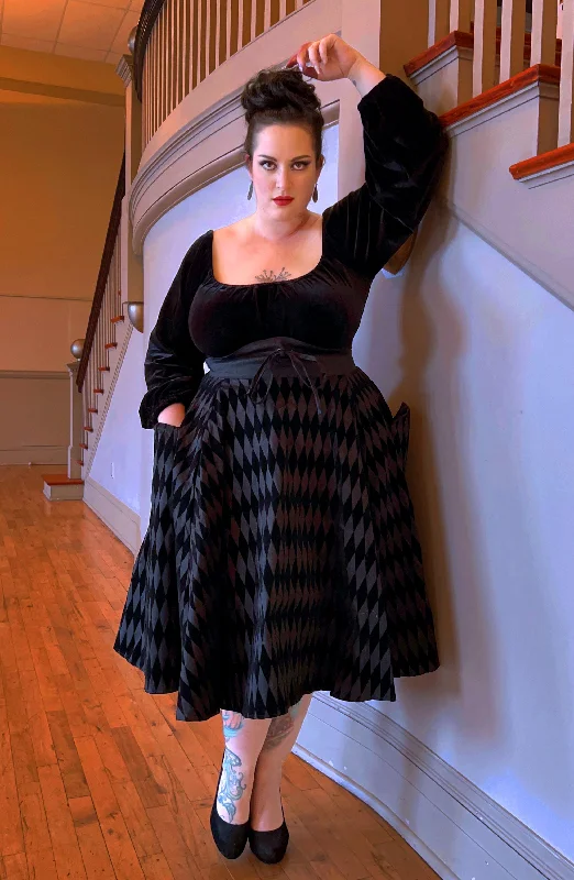 Final Sale - Vintage Inspired Corset Skirt in Black Flocked Harlequin Print | Laura Byrnes Design