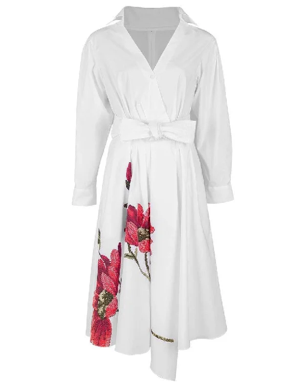 White Large Daisy Asymmetrical Wrap Dress