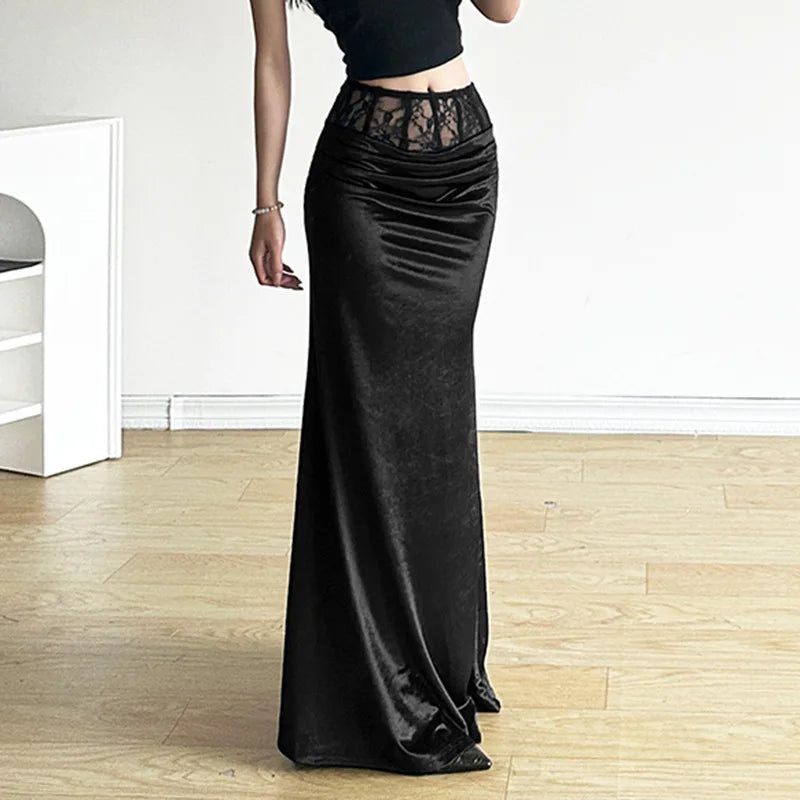 Goth Y2k Dark Lace Gothic Velvet Long Trumpet Mall Sexy Elegant Patchwork Partywear Skirt