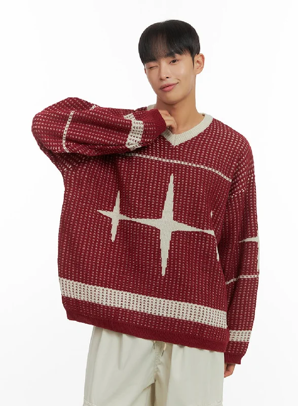 Men's V-Neck Graphic Punched Sweater IO420