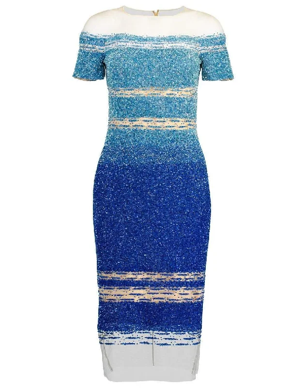 Cobalt and Navy Ombre Sequin Embroidered Cocktail Dress