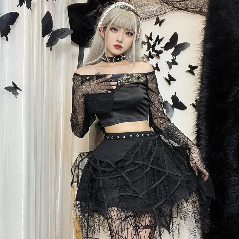 Gothic Mini Y2K Harajuku Web Patchwork Lace Tassel Dark Academy Street Woman With Belt Fairy Grunge Skirt