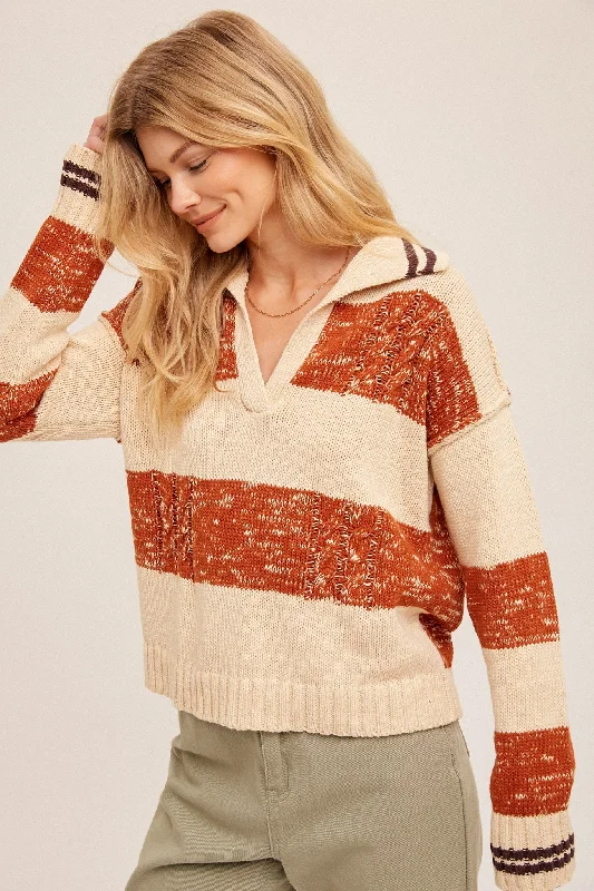 Terracotta Stripe Collared V Neck Sweater Pullover