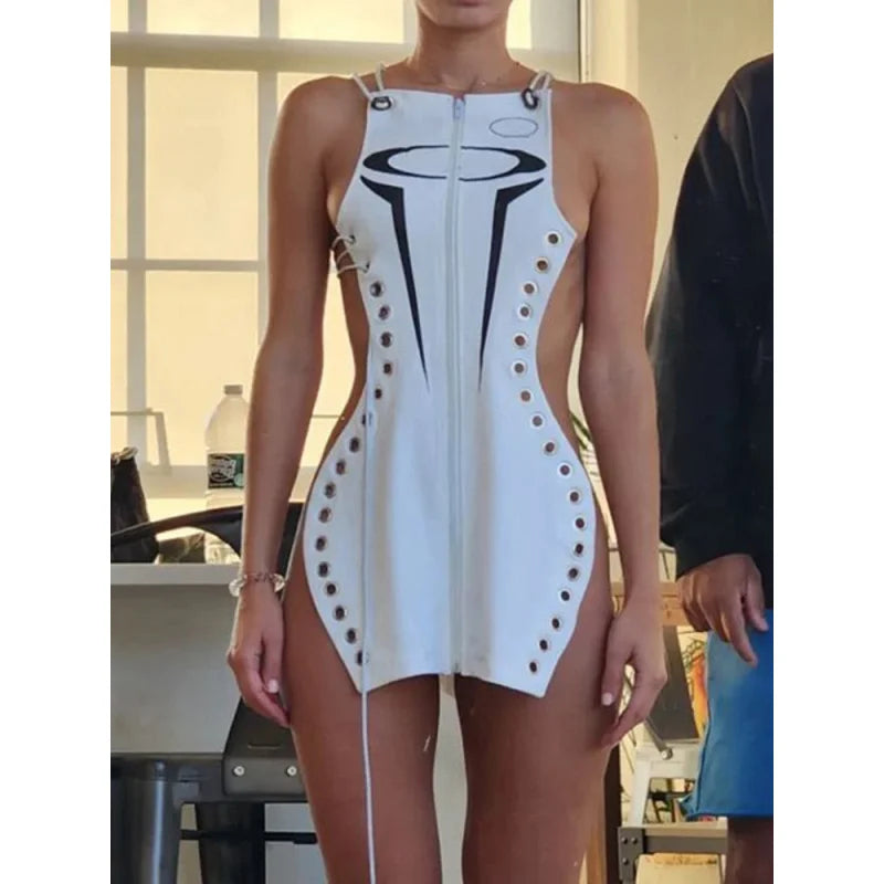 Women's Sexy Slim Hollow Out Sleeveless O-Neck Bandage Bodycon Mini Dress