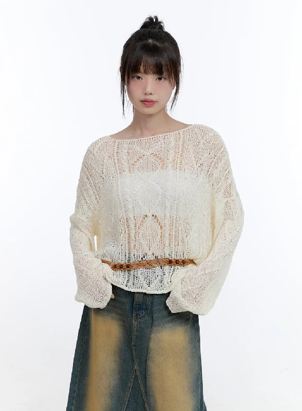 See-Through Knit Boat Neck Sweater CG413