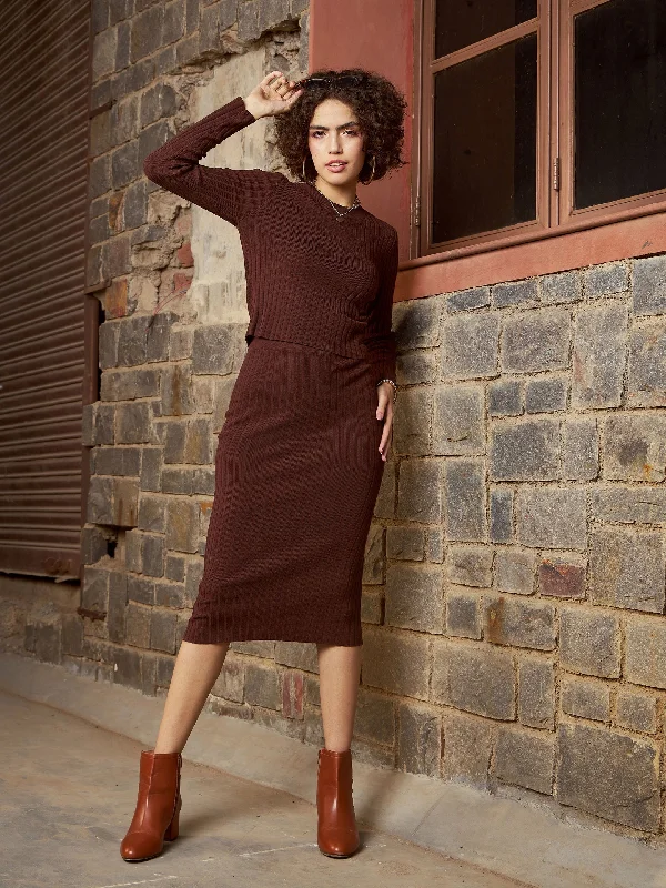 Lyush Women Brown Rib Sweater With Pencil Skirt