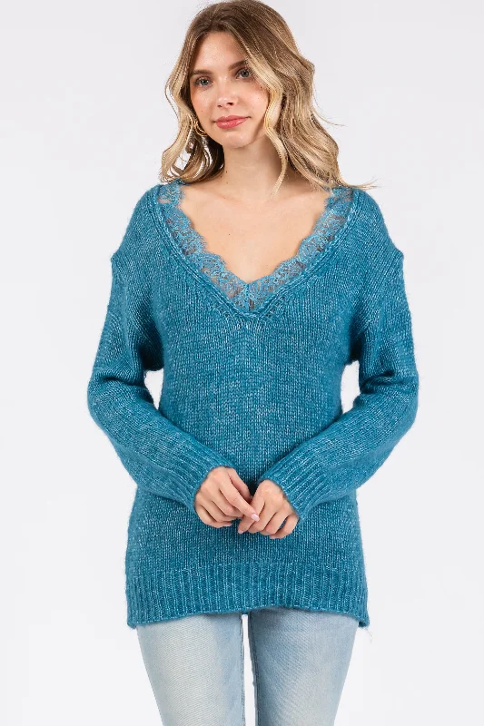 Turquoise Lace V-Neck Sweater