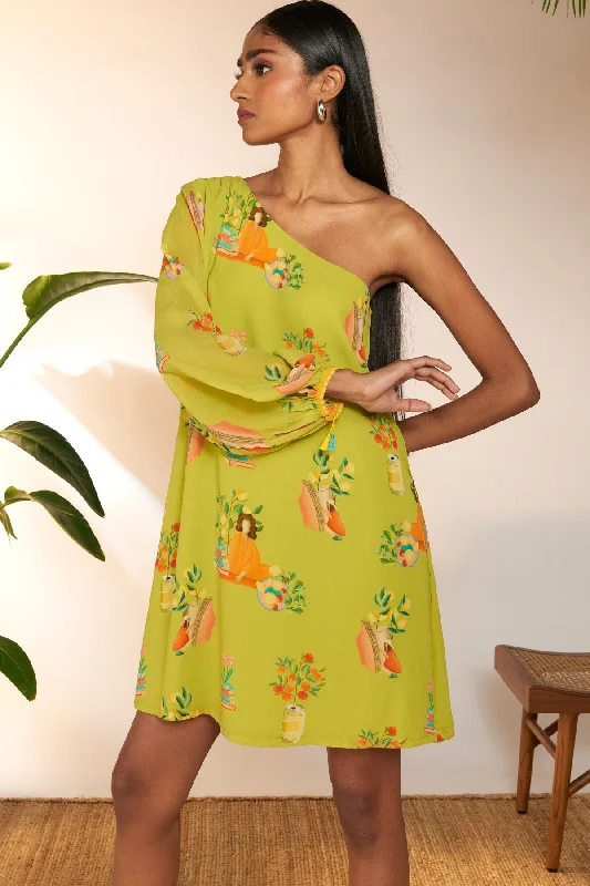 Lime Tangy Tango One Shoulder Dress