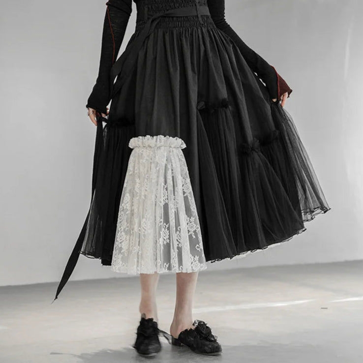 Gothic High-Waisted Tulle & Lace Skirt with Belted Waist – Casual Minimal Goth Collection