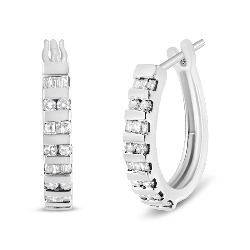 10K Gold Round and Baguette-Cut Diamond Hoop Earrings