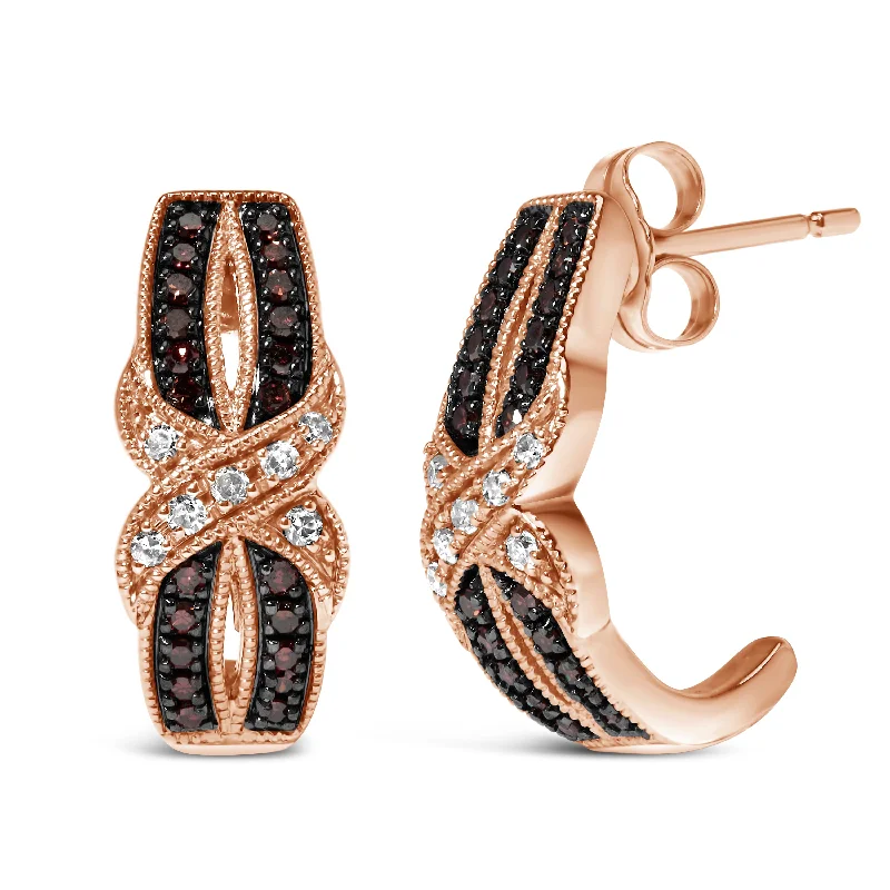 10K Rose Gold 1/3 Cttw White and Brown Diamond Milgrain Criss Cross J-Hoop Earrings