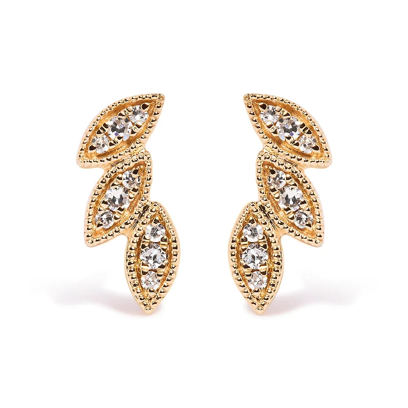 10K Yellow Gold 1/10 Cttw Diamond Triple Leaf Stud Earring