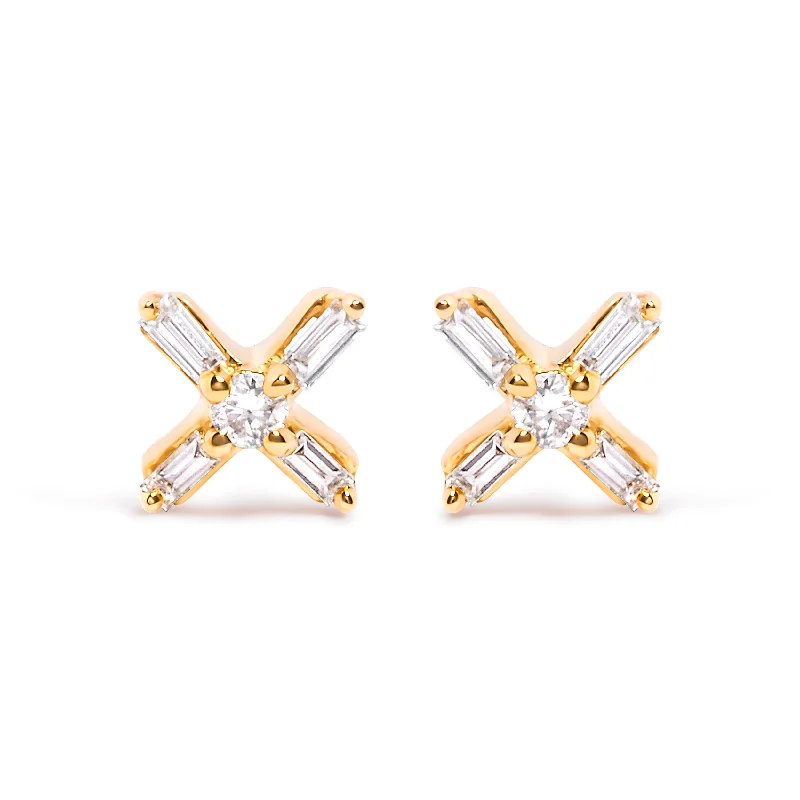 10K Yellow Gold 1/10 Cttw Round and Baguette Diamond Criss Cross X Stud Earring