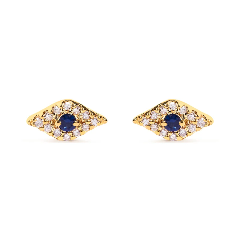 10K Yellow Gold Blue Sapphire and Diamond Accent Evil Eye Stud Earring