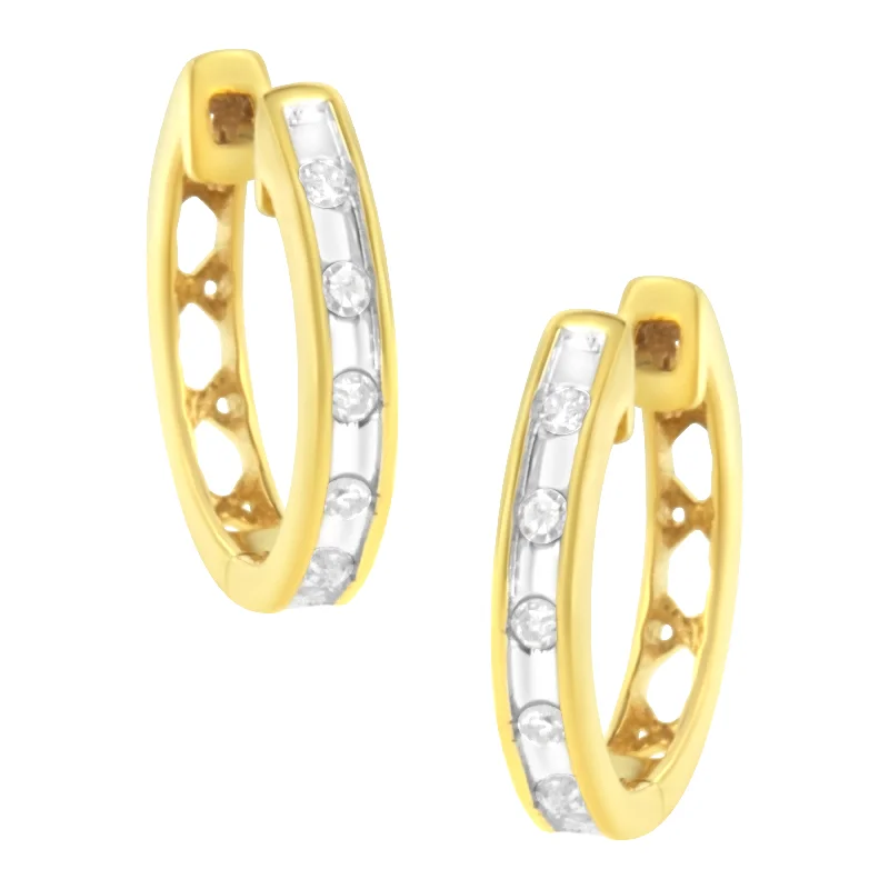 10K Yellow Gold Plated .925 Sterling Silver Channel Set Round-Cut Diamond Accent Classic Hoop Earrings