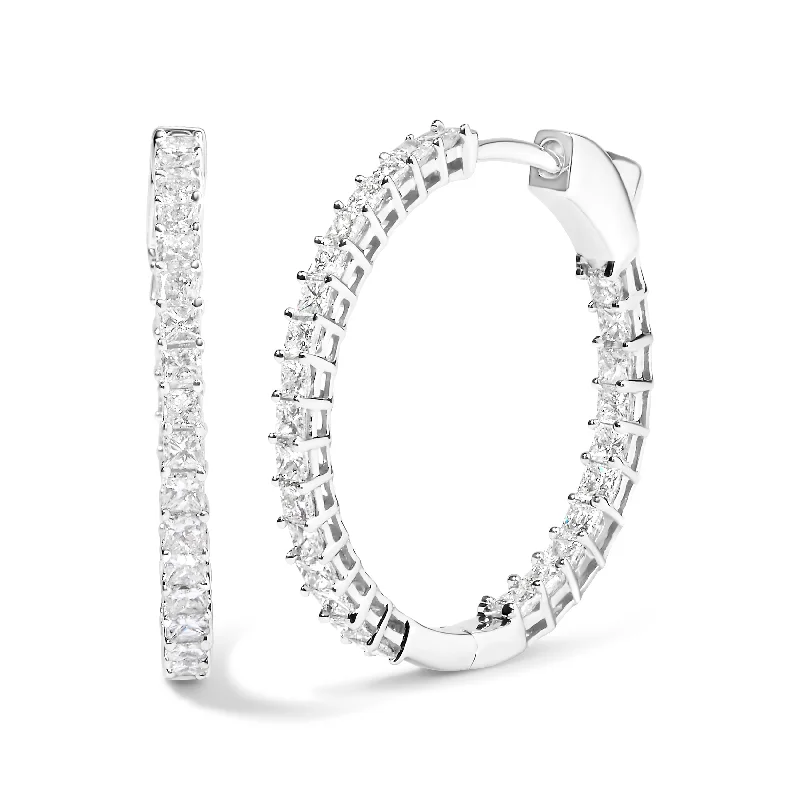 14K White Gold Natural Princess Cut Diamond Inside Out Hoop Earrings