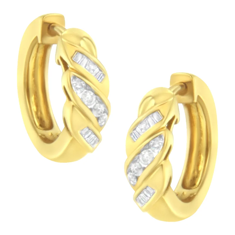 14K Yellow Gold 1/4 ct TDW Alternating 3 Row Baguette & Round Brilliant-Cut Diamond Huggy Hoop Earrings