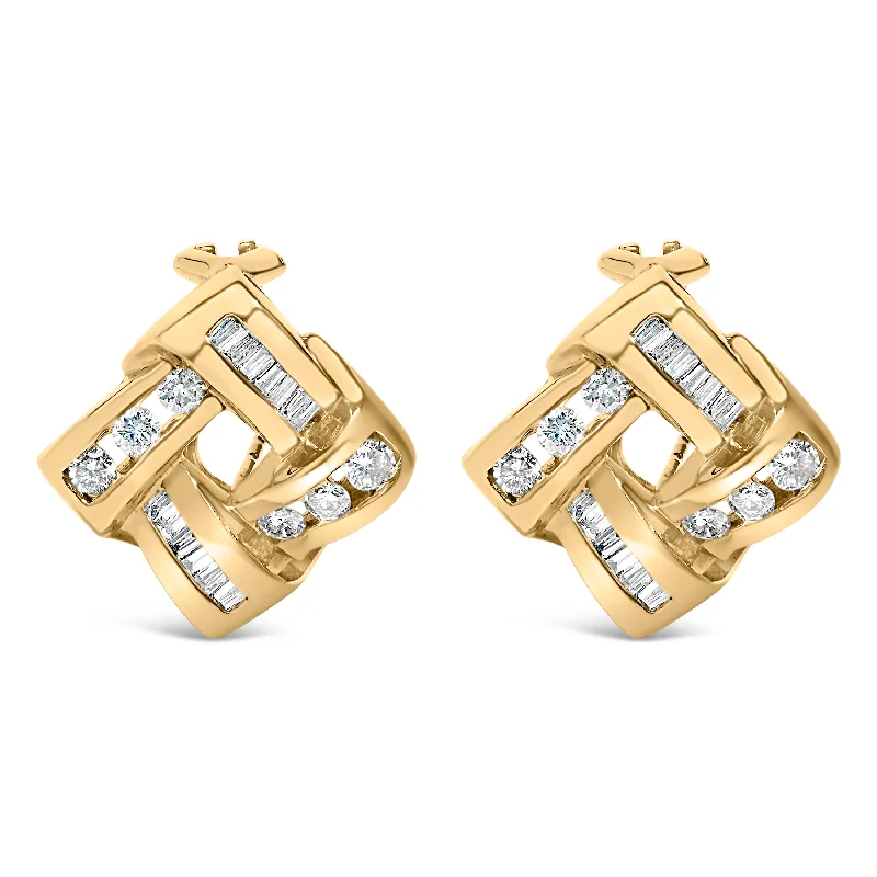 14K Yellow Gold Round and Baguette Cut Diamond Earrings