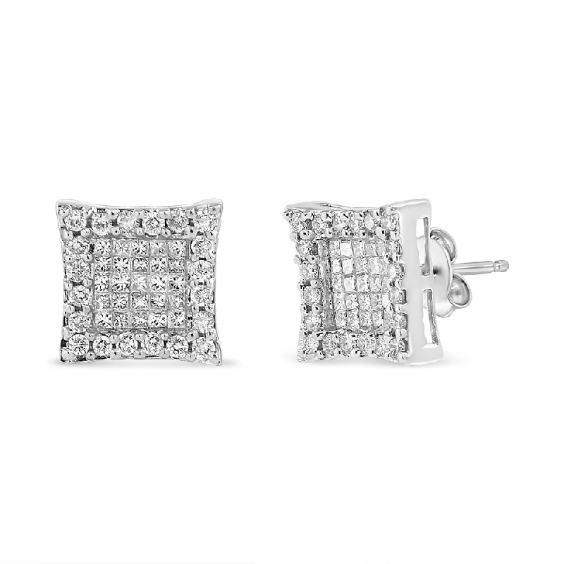 18K White Gold 1.00 Cttw Round and Princess-Cut Diamond Halo Square Stud Earring