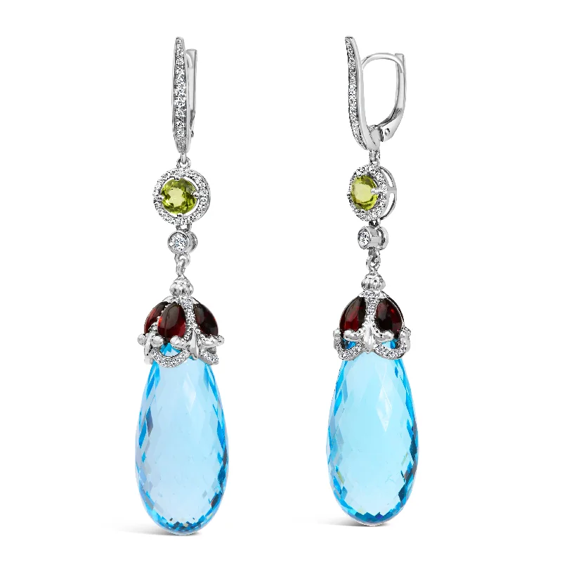 18K White Gold 1/2 Cttw Diamond and 22mm Blue Topaz and Garnet Drop and Dangle Earrings