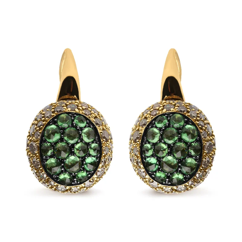 18K Yellow Gold 3 1/2 Cttw Diamond and Round Green Tsavorite Gemstone Round Domed Drop Hoop Earrings