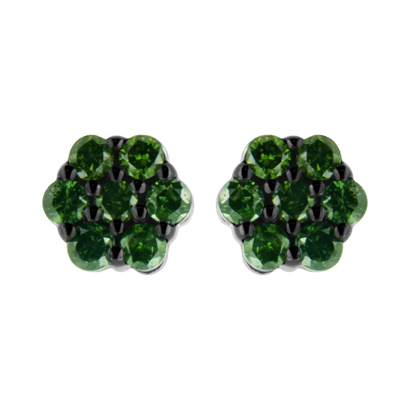 .925 Sterling Silver  Prong Set Round-Cut Treated Colored Diamond Floral Cluster Stud Earring