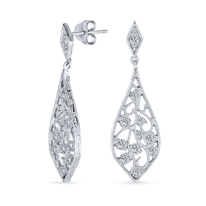 Bridal CZ Filigree Leaf Dangle Chandelier Earrings  Sterling Silver