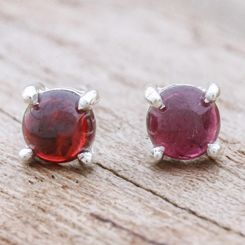 Circle Moon in Crimson Thai Hand Made Sterling Silver Garnet Button Earrings