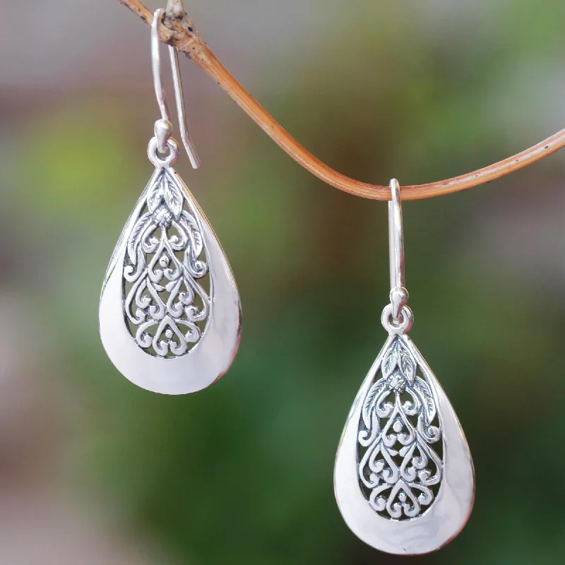 Hidden Flower Drop-Shaped Floral Sterling Silver Dangle Earrings from Bali