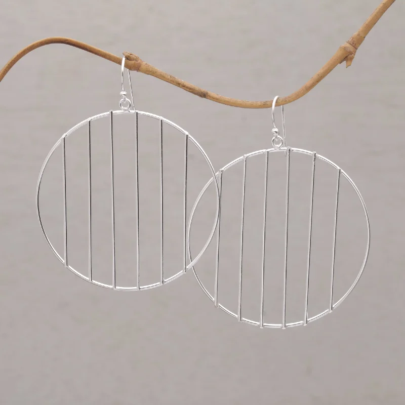 Linescope Sterling Silver Vertical Lines Circle Dangle Earrings