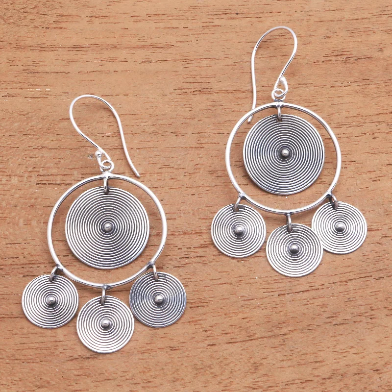 Mesmerizing Discs Circular Sterling Silver Chandelier Earrings from Bali