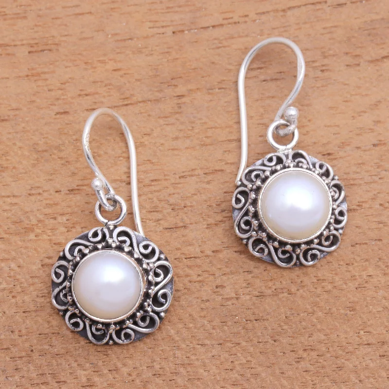 Silver-White Flowers Floral Silver-White Cultured Pearl Earrings from Bali