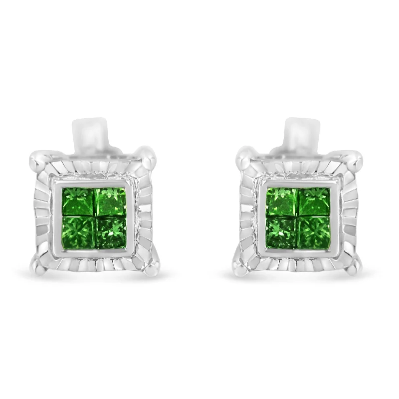 Sterling Silver Color Treated Princess Diamond Quad Stud Earring