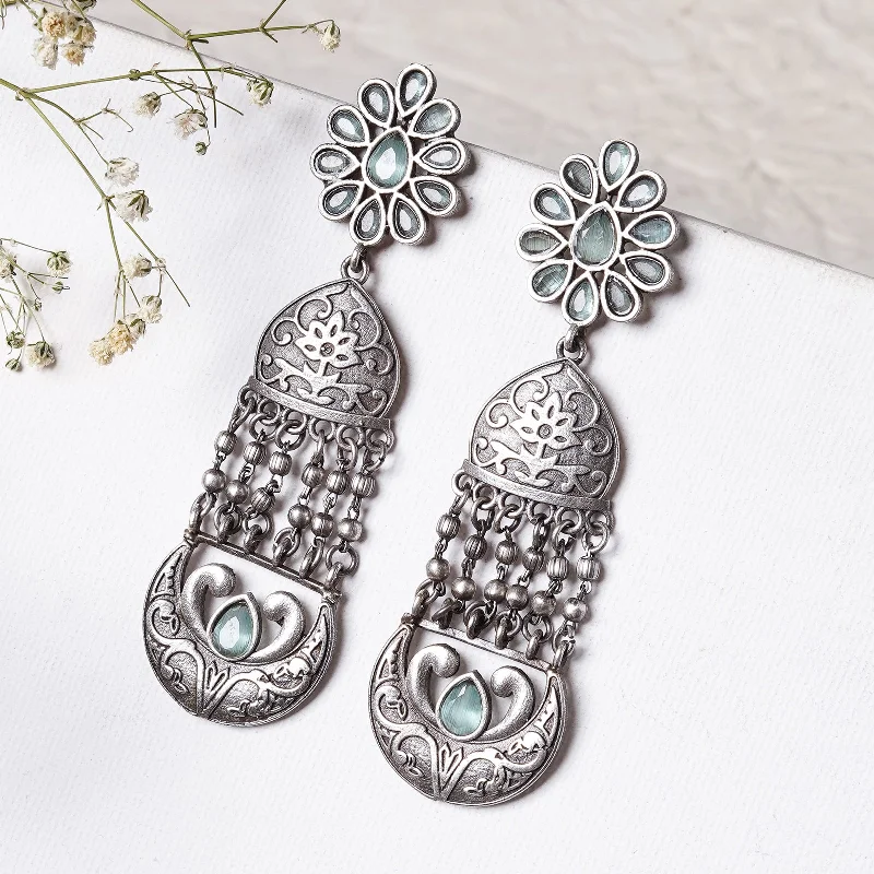 Teejh Bina Floral Green Silver Oxidised Earrings