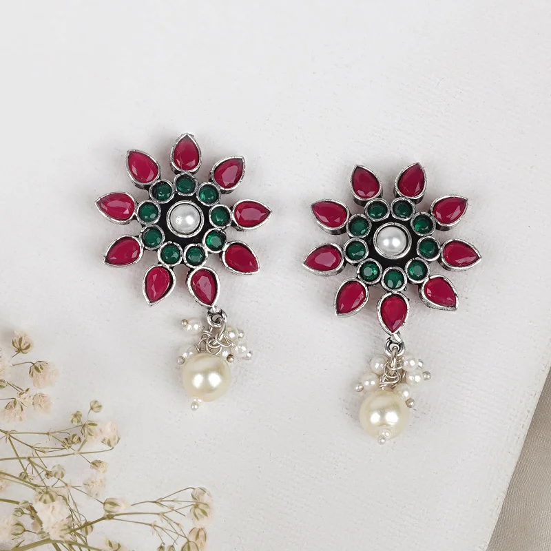 Teejh Eesha Dark Green and Pink Silver Oxidised Earring