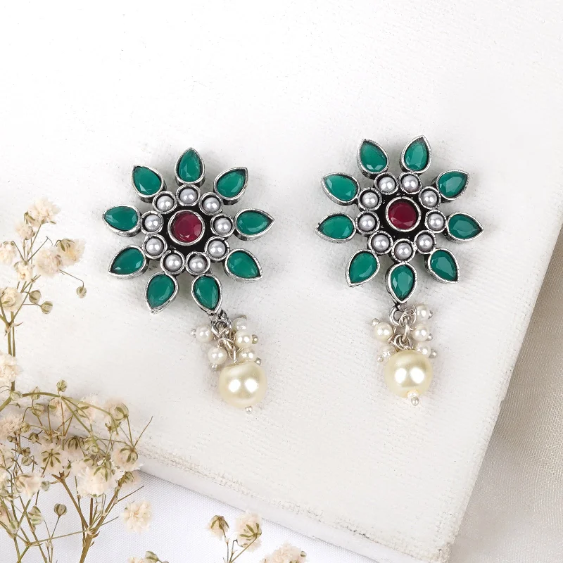 Teejh Eesha Green and Pink Silver Oxidised Earring