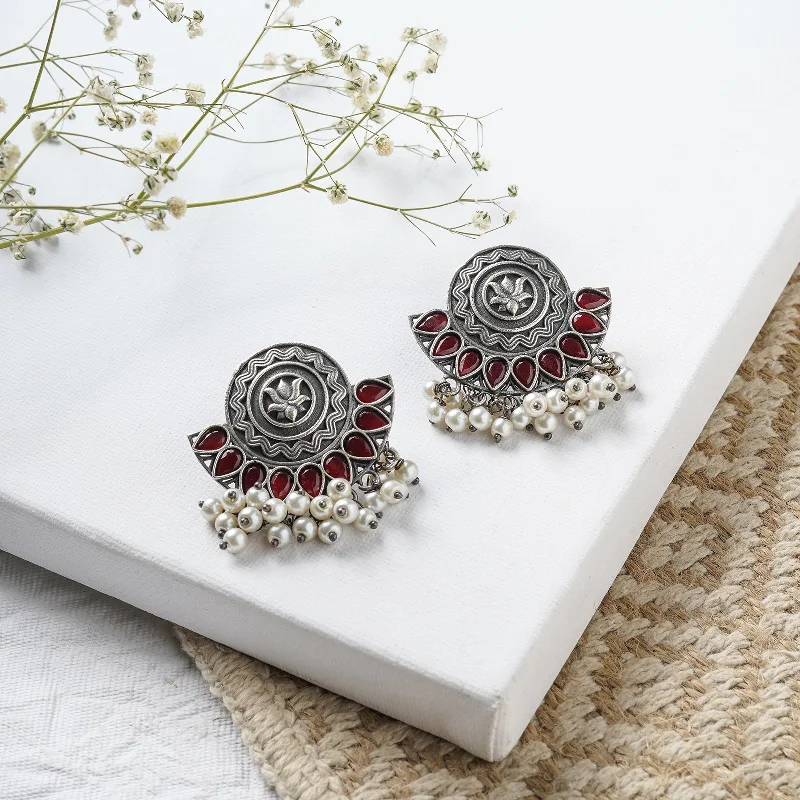 Teejh Hardika Red  Stone Silver Oxidised Earrings