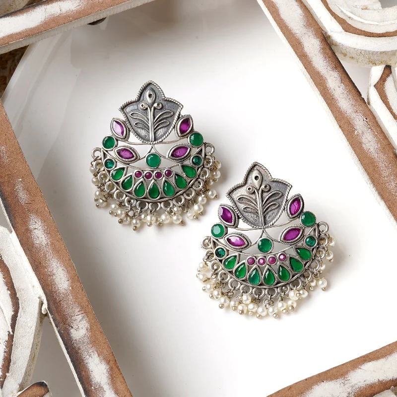 Teejh Nimrat Green & Maroon Stone Silver Oxidised Earrings