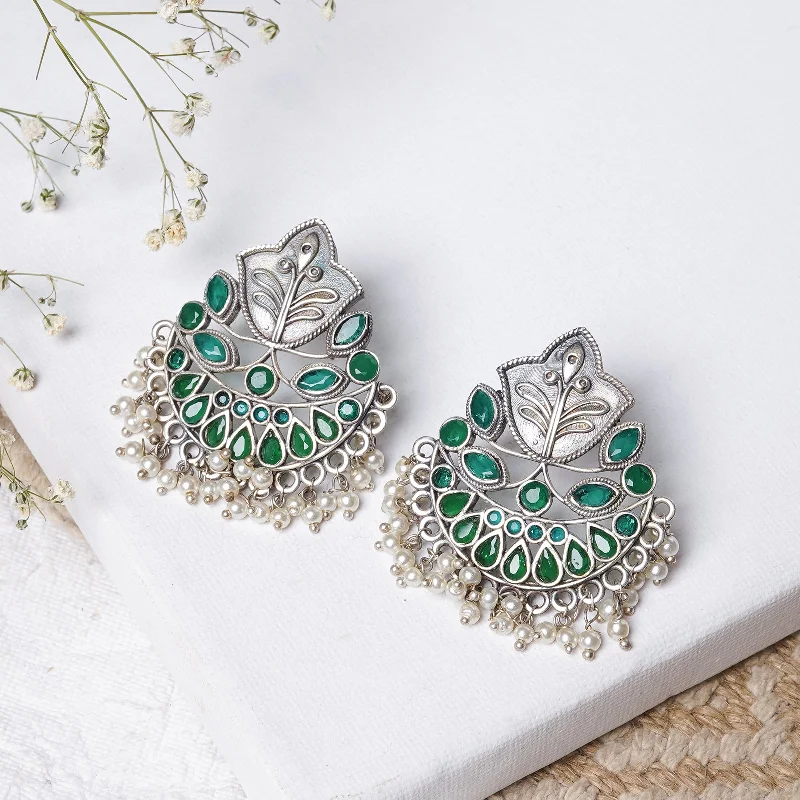 Teejh Nimrat Green Stone Silver Oxidised Earrings