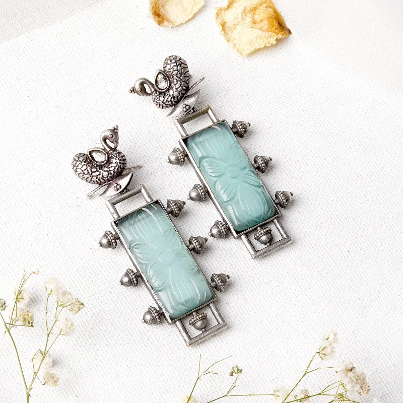 Teejh Samaira Silver Oxidised Green Stone Earrings