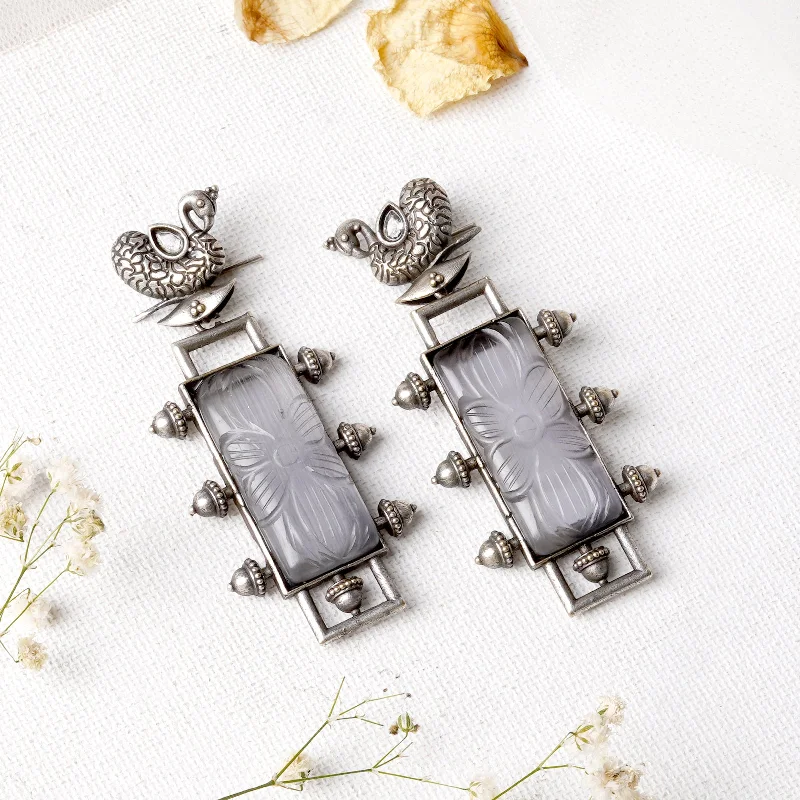 Teejh Samaira Silver Oxidised Grey Stone Earrings