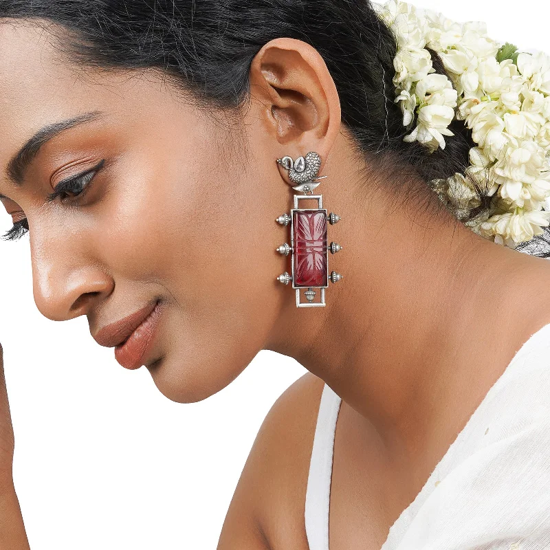 Teejh Samaira Silver Oxidised Red Stone Earrings